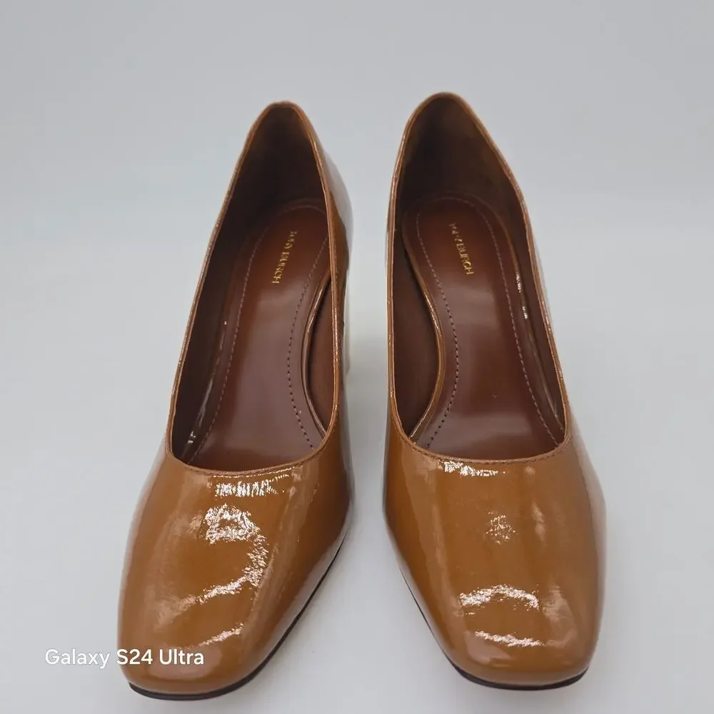 Tory Burch Banana Heel Pump Brown Caramel Patent Leather Curved Heel Women's 9M